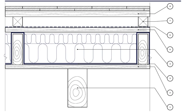 CAD-Detail ISO-ACO-04: Dachgeschoss mit sichtbaren Sparren — Gold in den Gefachen