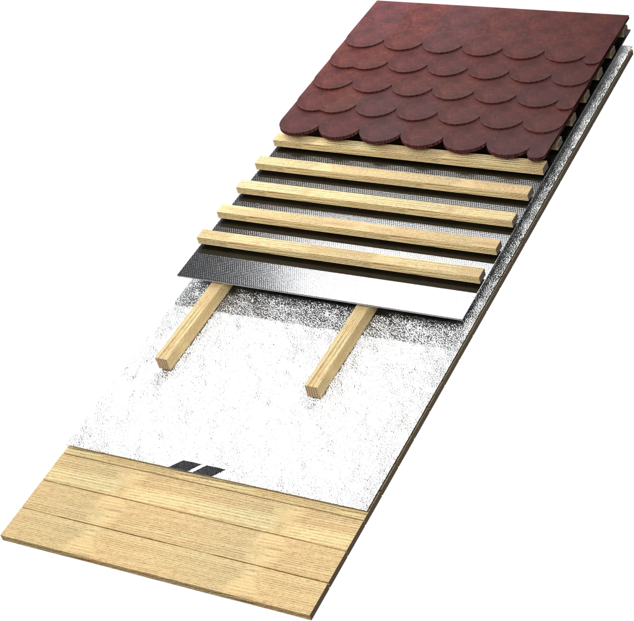 3D-render: Reflectiva Bronze tussen tengellat en panlat, onder de dakbedekking