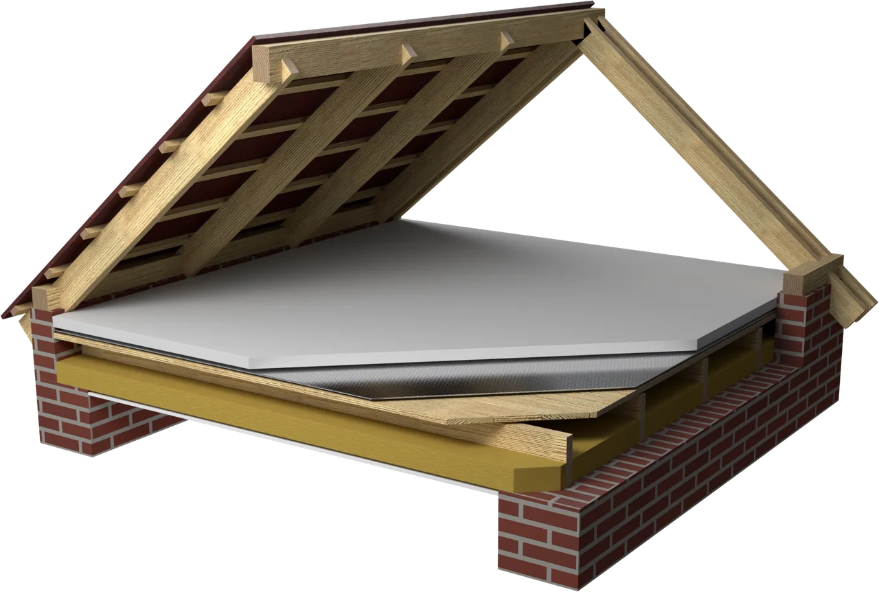 3D rendering: the timber floor slab in the unheated attic, without walkable boarding