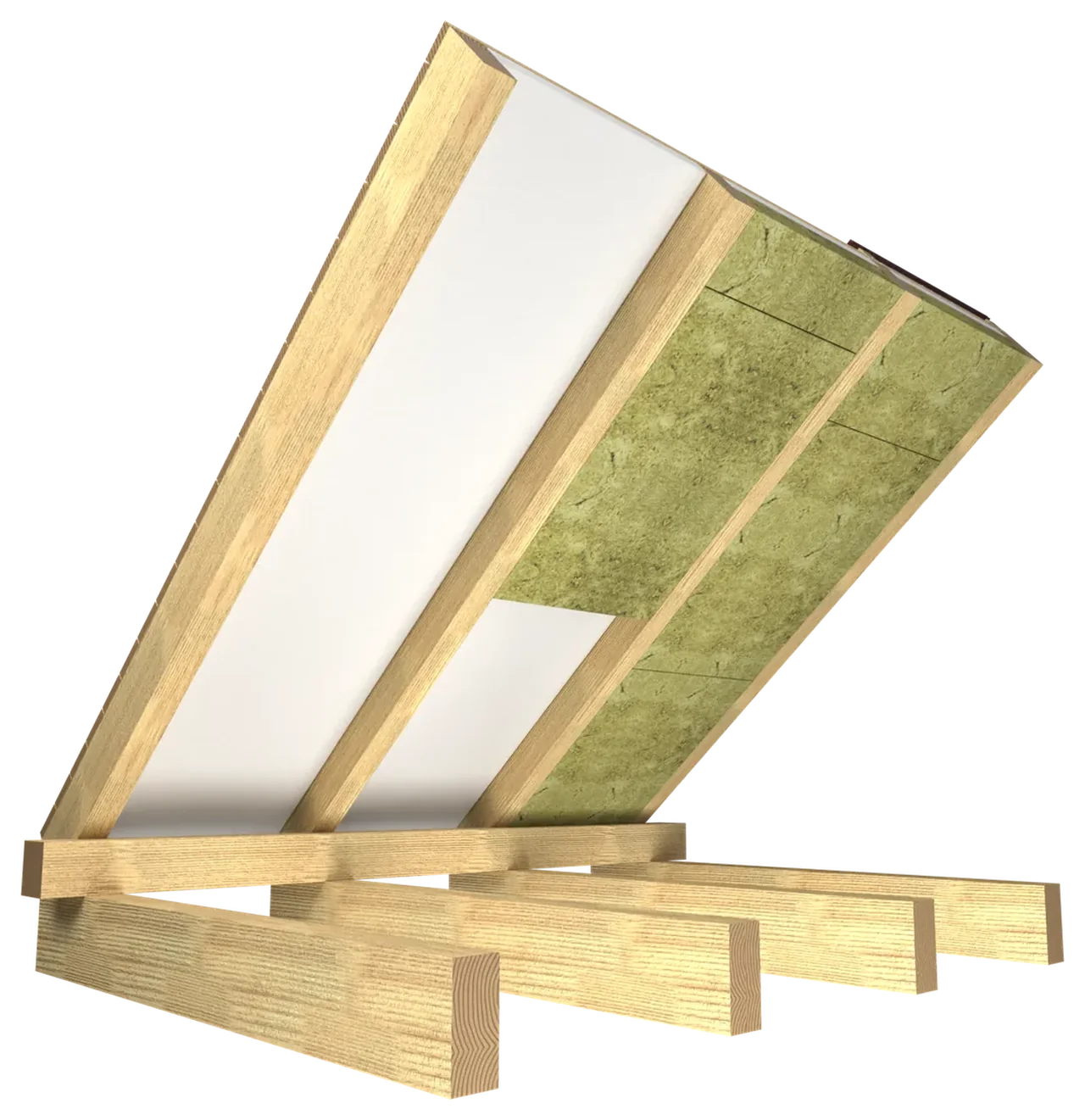 3D-Rendering: Wolle P800 zwischen den Sparren, unter der Dachschalung
