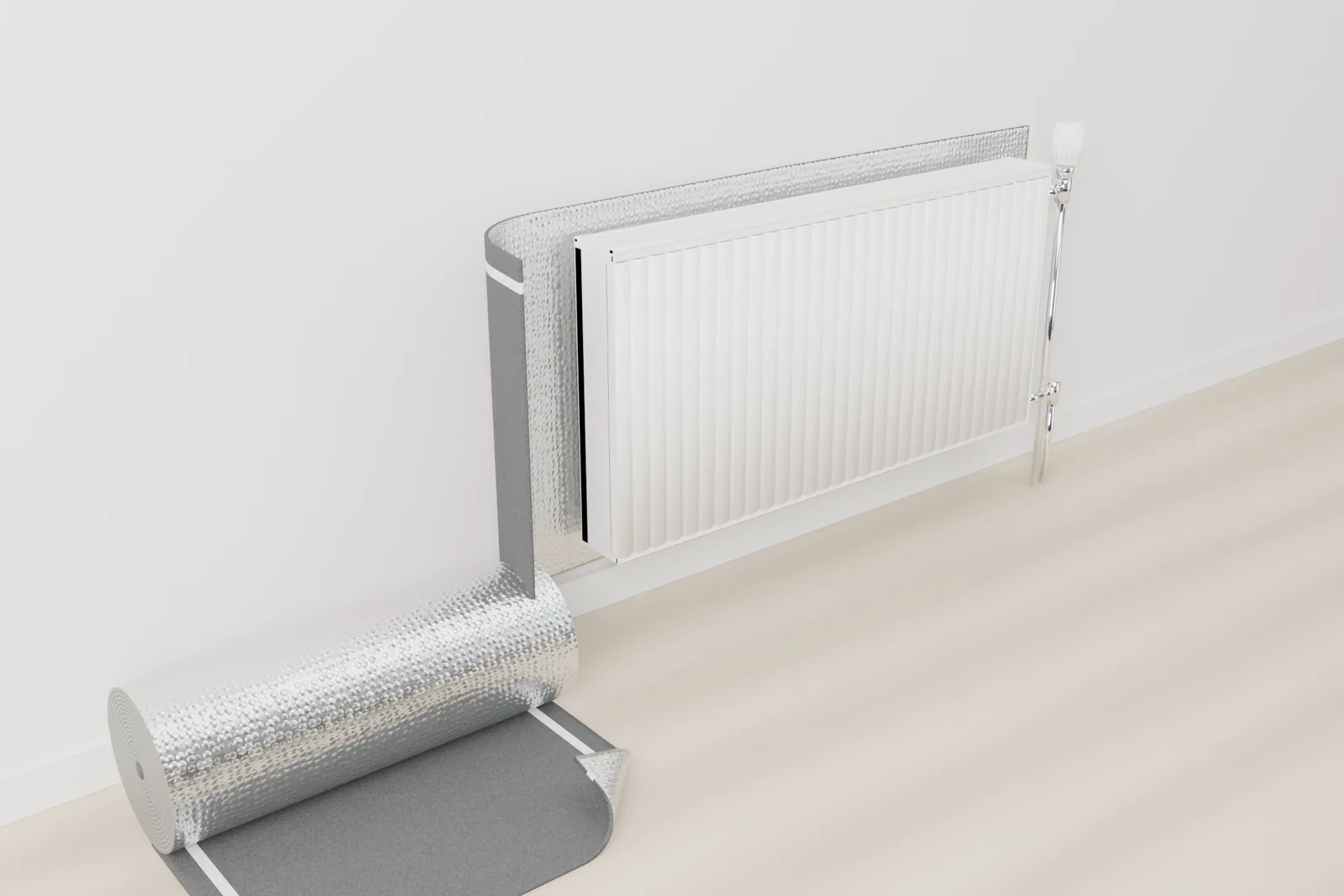 De montage: het Isoflect Recuperator-membraan wordt op de wand verlijmd, achter de radiator