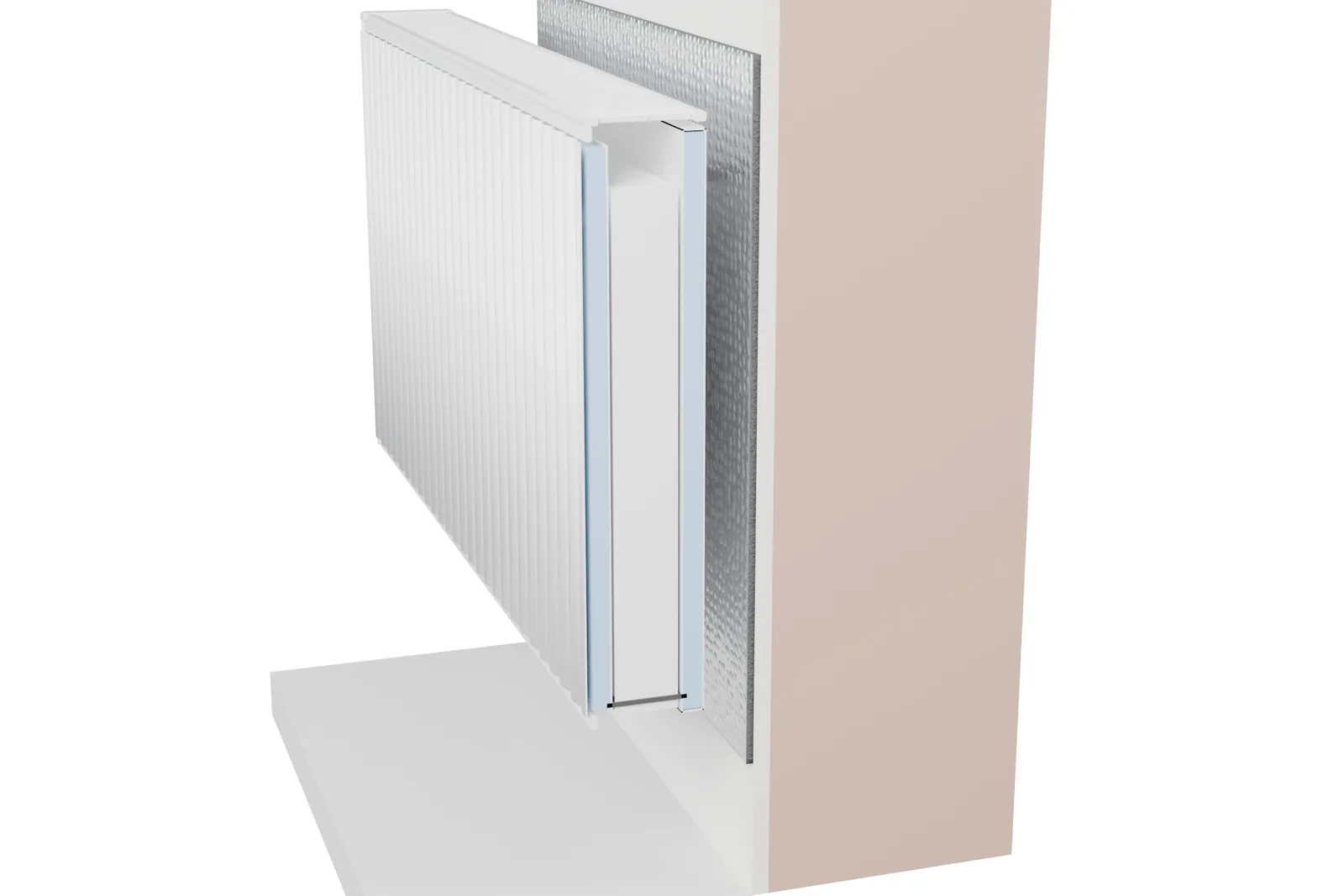 Doorsnede: de wand, het Isoflect Recuperator-membraan en de radiator